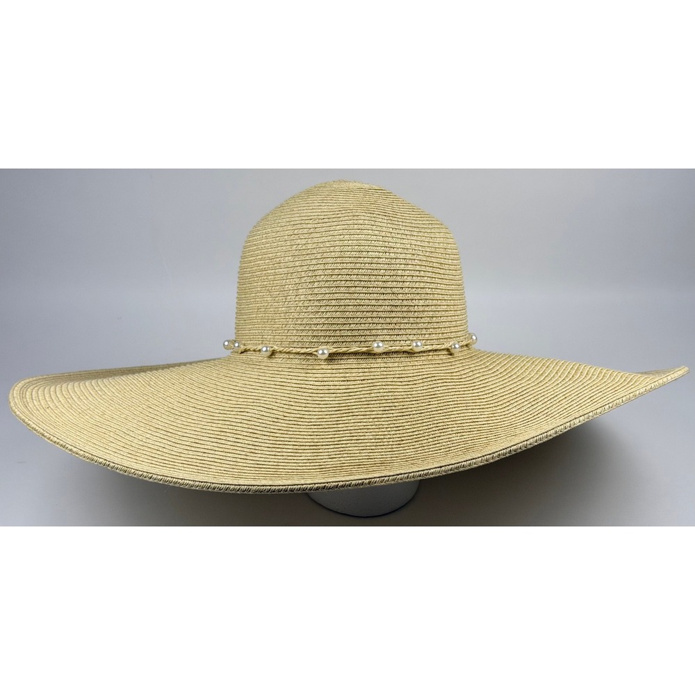 A New Day Womens Wide Brim Straw Sun Hat Tan Pearl Trim Floppy Beach Hat S/M
